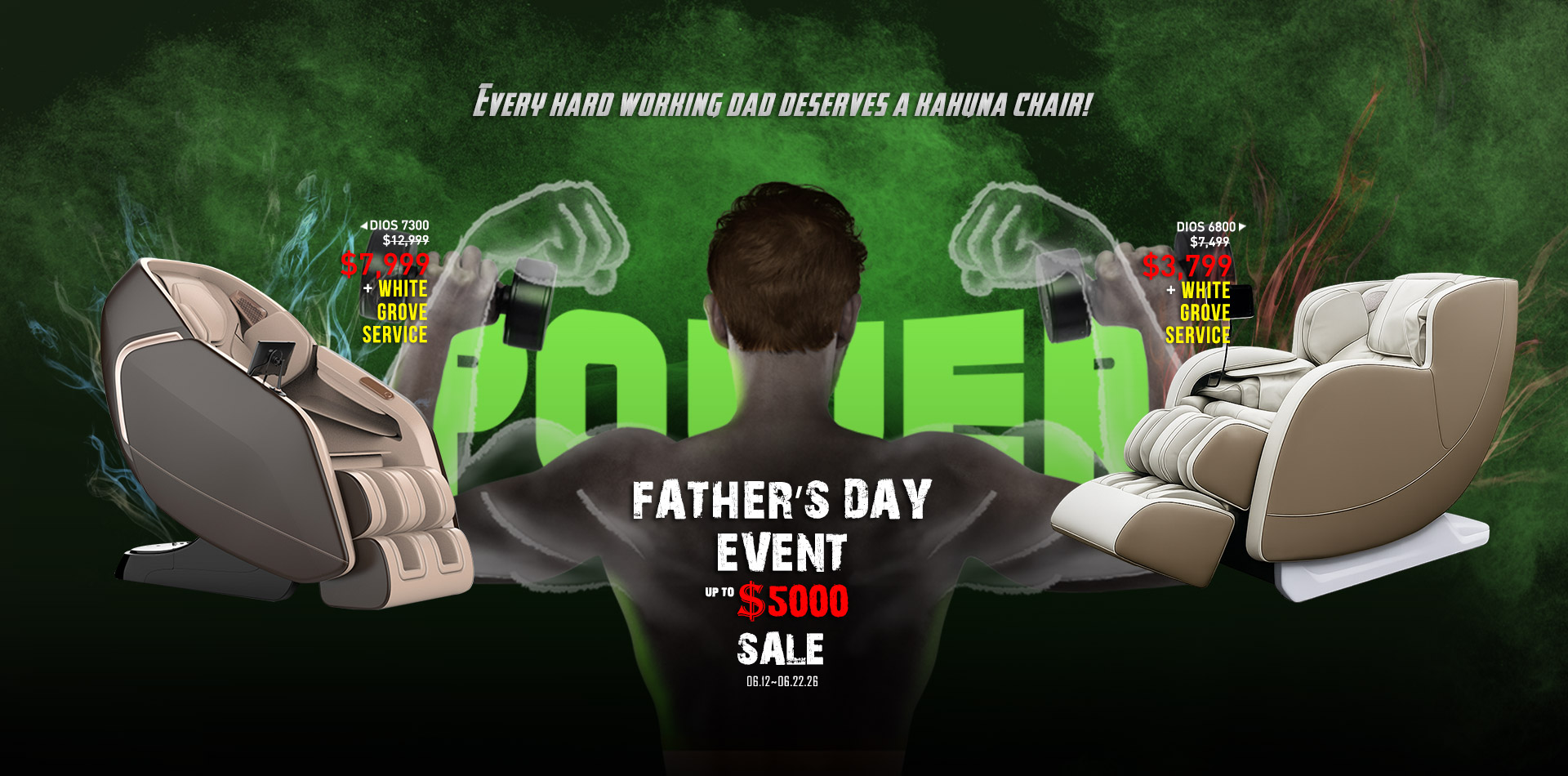 Promotional banner: muscular man facing away with raised fists, flanked by two massage chairs against a green background and bold sale text_reads 'Father's Day Event'